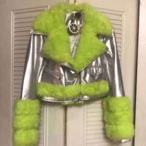 Silver and Lime Green Faux Fur and Leather Cropped Jacket. *COMES IN S/M & L/XL*